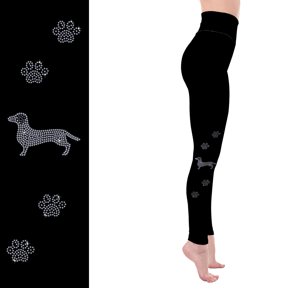 Long Haired Dachshund Rhinestone Leggings with Pockets - White or Black Glitter MM